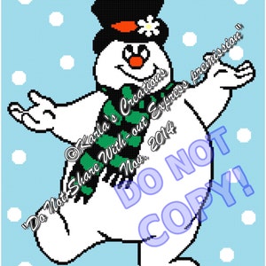 May include: A cartoon snowman with a black top hat, green scarf, and a red nose. The snowman is waving with both arms and has a white flower on its hat. The background is light blue with white dots.