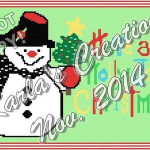 May include: A white snowman wearing a black top hat, red mittens, and a black and white polka dot scarf is holding a green Christmas tree with a yellow star. The text "Have a Holly Jolly Christmas 2014" is written in colourful letters on a green background.