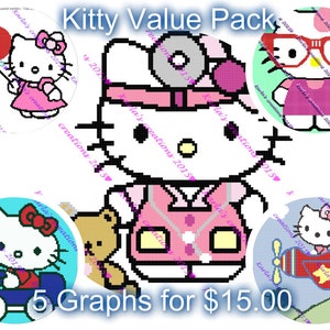 May include: A set of five digital cross-stitch patterns featuring Hello Kitty in different outfits. The patterns include Hello Kitty as a doctor, a pilot, a driver, a teacher, and holding balloons. The text "Kitty Value Pack" and "5 Graphs for $15.00" is included in the image.