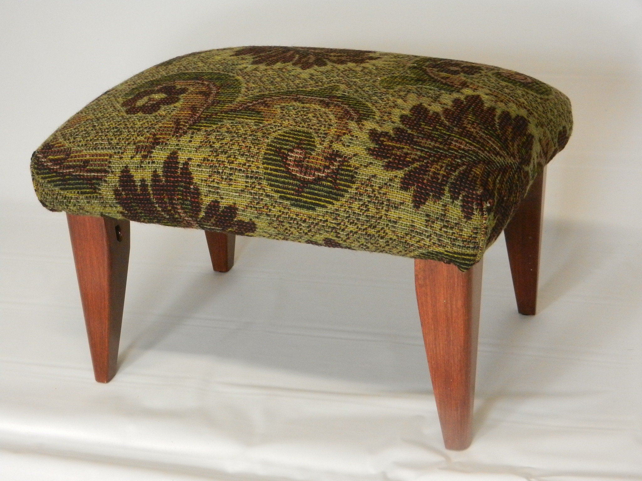 Foot Stools Cherry Finish Upholstered Foot Stool with Shapely Legs