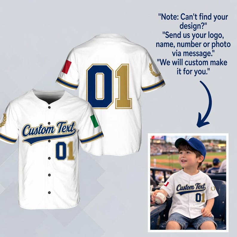a white baseball jersey with the number 01, and it is being customized with a custom text.