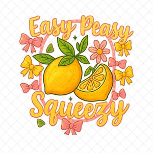 Puede incluir: Ilustración de dibujos animados con dos limones amarillos, uno entero y otro en rodajas, con hojas verdes. El texto "Easy Peasy Squeezy" está escrito en escritura amarilla. Arcos y flores rosas y amarillos rodean los limones, sobre un círculo rosa.