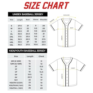 The image is a size chart for a baseball jersey, providing measurements for different age groups, including children and youth.