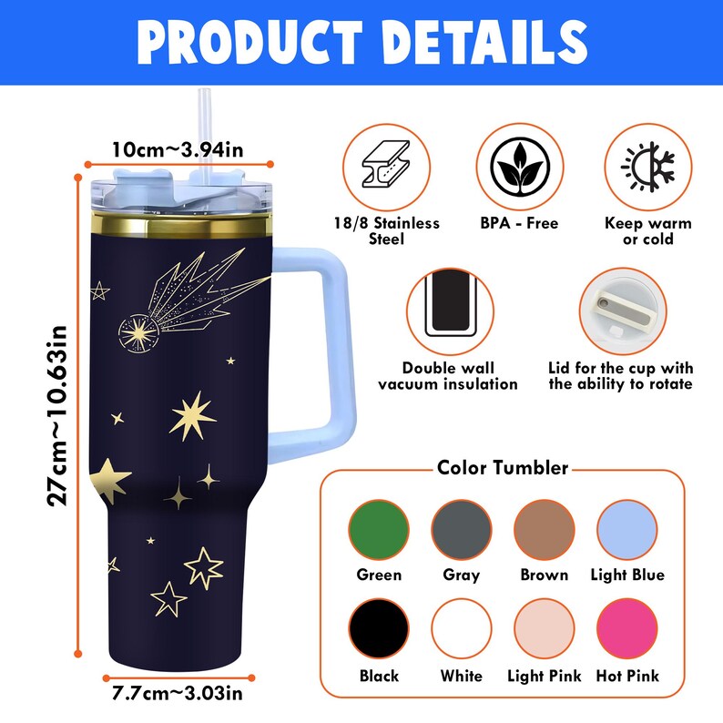 The image is a product details image for a stainless steel tumbler with a black and gold design. The tumbler is described as having a 10 cm-3.93 inch height, a 18.8 stainless steel body, a BPA-Free lid, a double wall vacuum insulation, and a color tumbler with various color options.