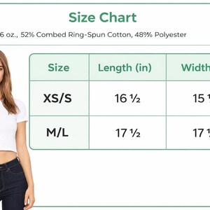 a woman standing next to a size chart that provides measurements for different shirt sizes.