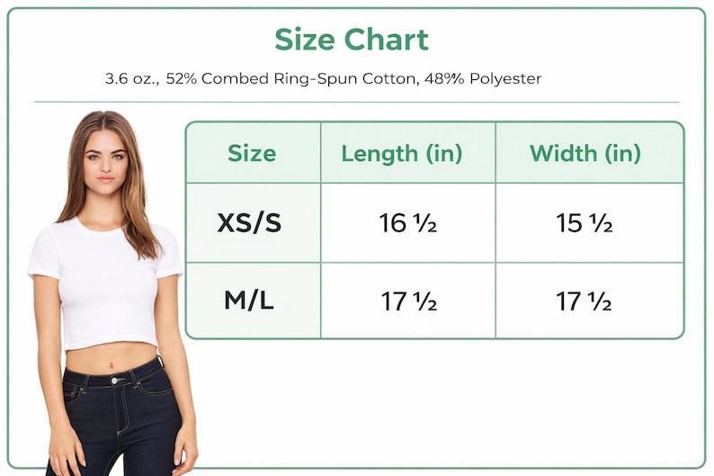 a woman standing next to a size chart that provides measurements for different shirt sizes.