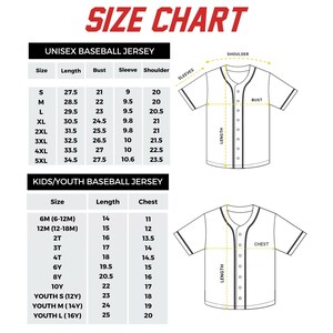 The image is a size chart for a baseball jersey, providing measurements for different age groups, including children and youth.