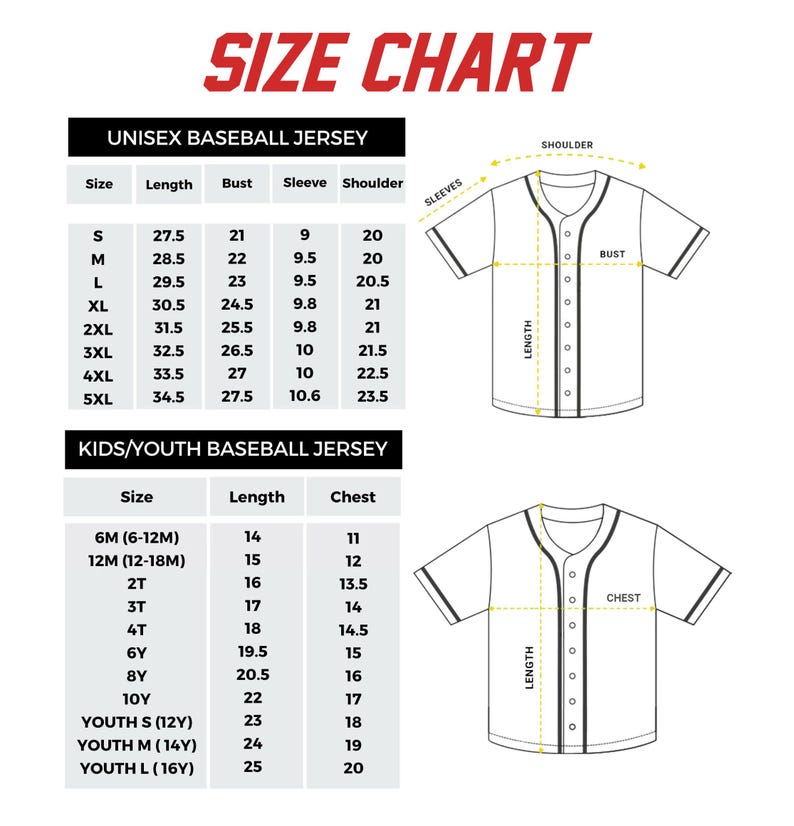 The image is a size chart for a baseball jersey, providing measurements for different age groups, including children and youth.