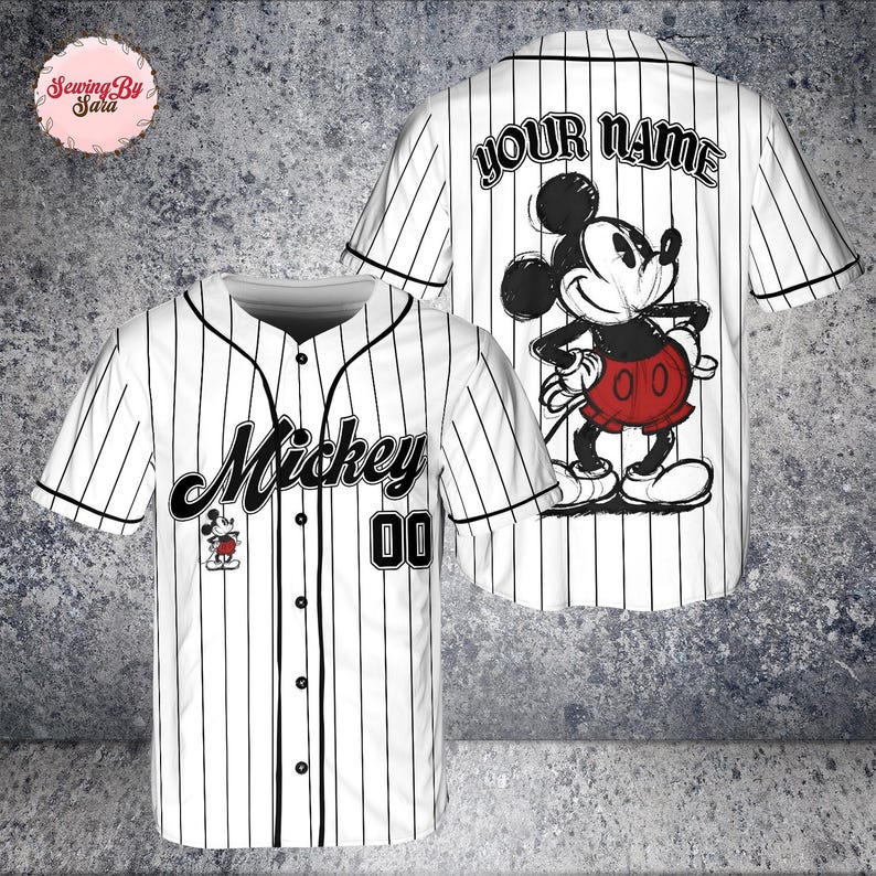 A white baseball jersey with a Mickey Mouse design and the text "Your Name" printed on the back.