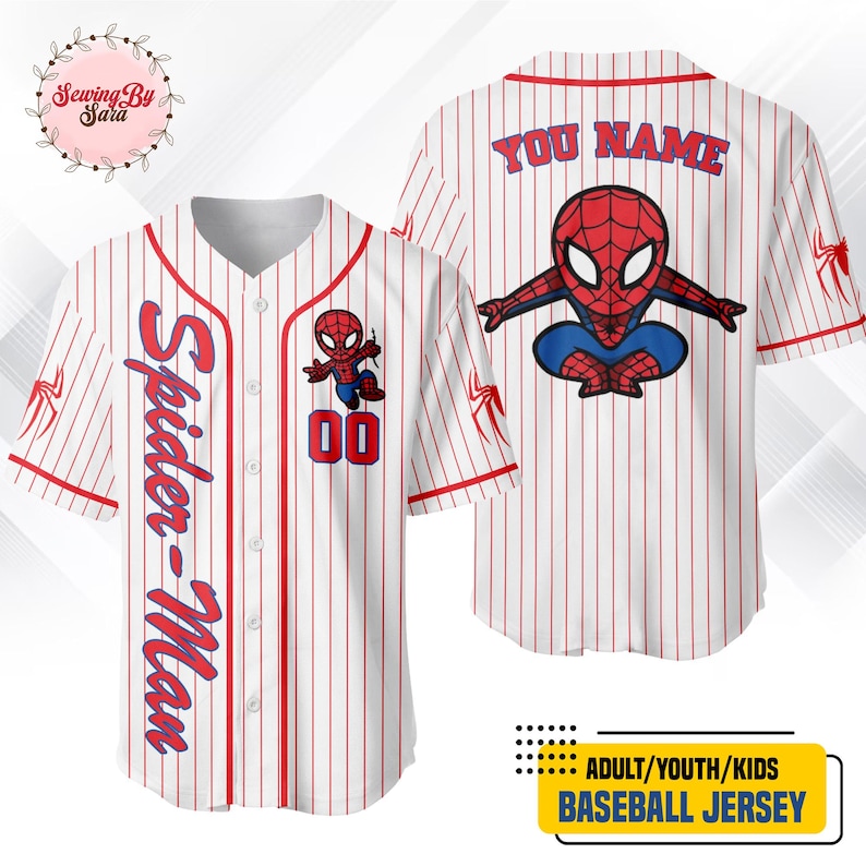 A Spider-Man baseball jersey with the name "You Name" and the number 00 printed on it.
