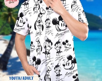 Disney Mickey & Friends Signature Hawaiian Shirt, Mickey Mouse Donald Duck Goofy Button Up, Disneyland Summer Vacation Aloha Shirt
