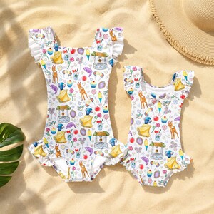 Disney Princess Kids 3D Print Ruffle One Piece Swimsuit, Snow White Inspired Girls Swimwear, Toddler Flutter Sleeve Bathing Suit