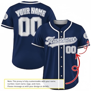 A navy blue baseball jersey with the text "Your Name" and "Team Name" printed on it. The jersey is custom-made with a name and team name, along with a logo and other details.