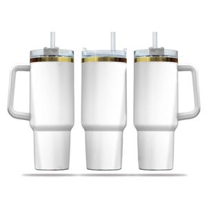 Three white, cylindrical thermos bottles with clear lids and handles, arranged in a row.