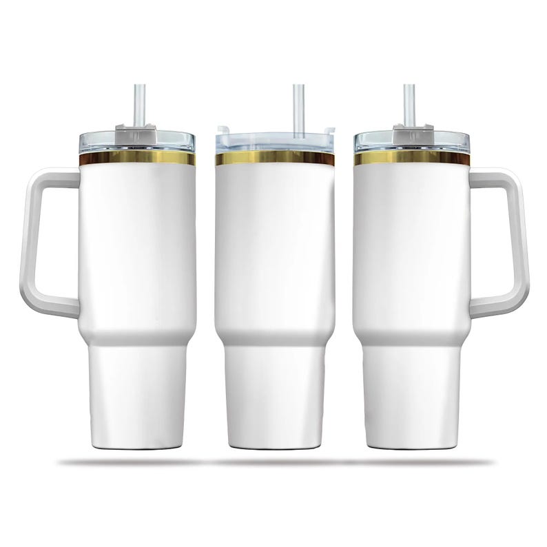 Three white, cylindrical thermos bottles with clear lids and handles, arranged in a row.