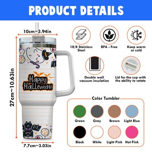 The image is a product details image for a color tumbler. It features a white tumbler with a Halloween-themed design, including a black bat, a witch, and a pumpkin. The image also includes the dimensions of the tumbler, which are 7.7 cm - 3.03 inches, and a color tumbler selection with various colors available, including black, white, light blue, brown, green, gray, and pink.