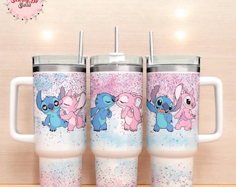 40oz Stitch and Angel Tumbler, Cute Disney Inspired Stainless Steel Cup, Large Insulated Travel Mug Gift for Stitch Lovers