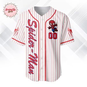A white baseball jersey with red stripes and a Spider-Man logo, featuring the text "Spider-Man" and the number "00" on the front.