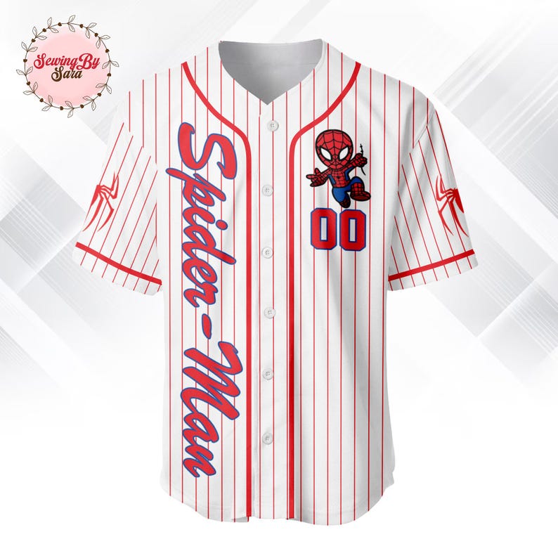 A white baseball jersey with red stripes and a Spider-Man logo, featuring the text "Spider-Man" and the number "00" on the front.