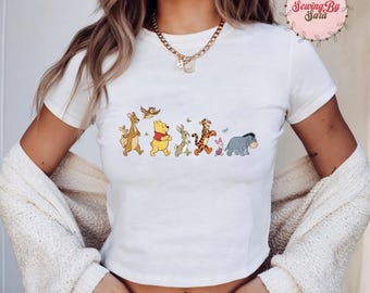 Winnie the Pooh Friends Baby Tee, Cute Pooh Bear Crop Top, Tigger Piglet Eeyore Retro Disney T-Shirt for Women
