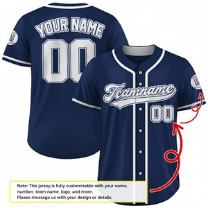 A navy blue baseball jersey with the text "Your Name" and "Team Name" printed on it. The jersey is custom-made with a name and team name, along with a logo and other details.
