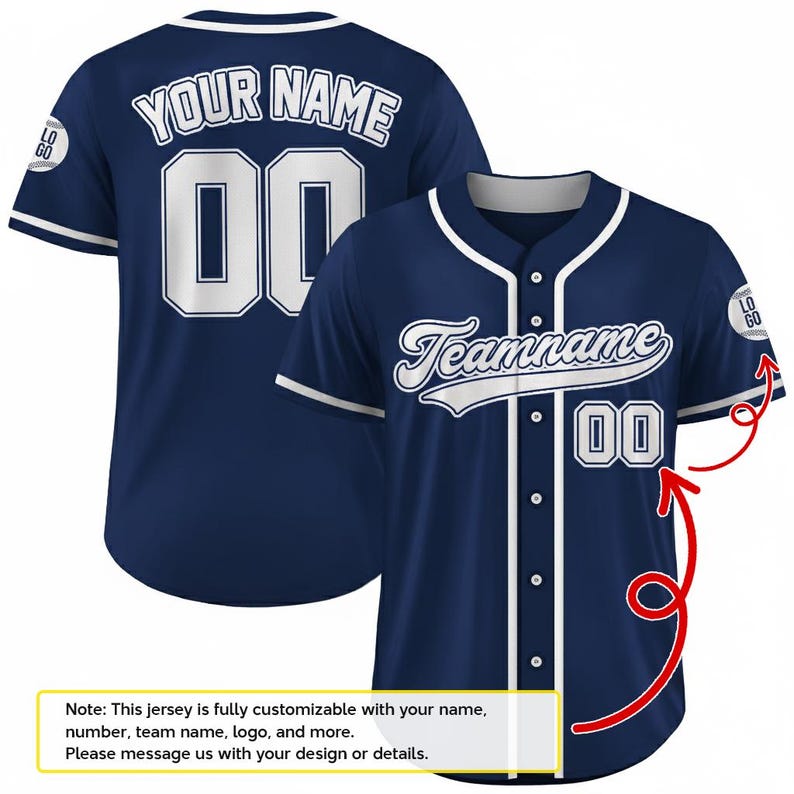 A navy blue baseball jersey with the text "Your Name" and "Team Name" printed on it. The jersey is custom-made with a name and team name, along with a logo and other details.