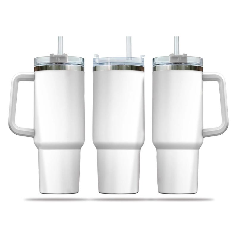 Three white, cylindrical thermos bottles with clear lids and handles, arranged in a row.