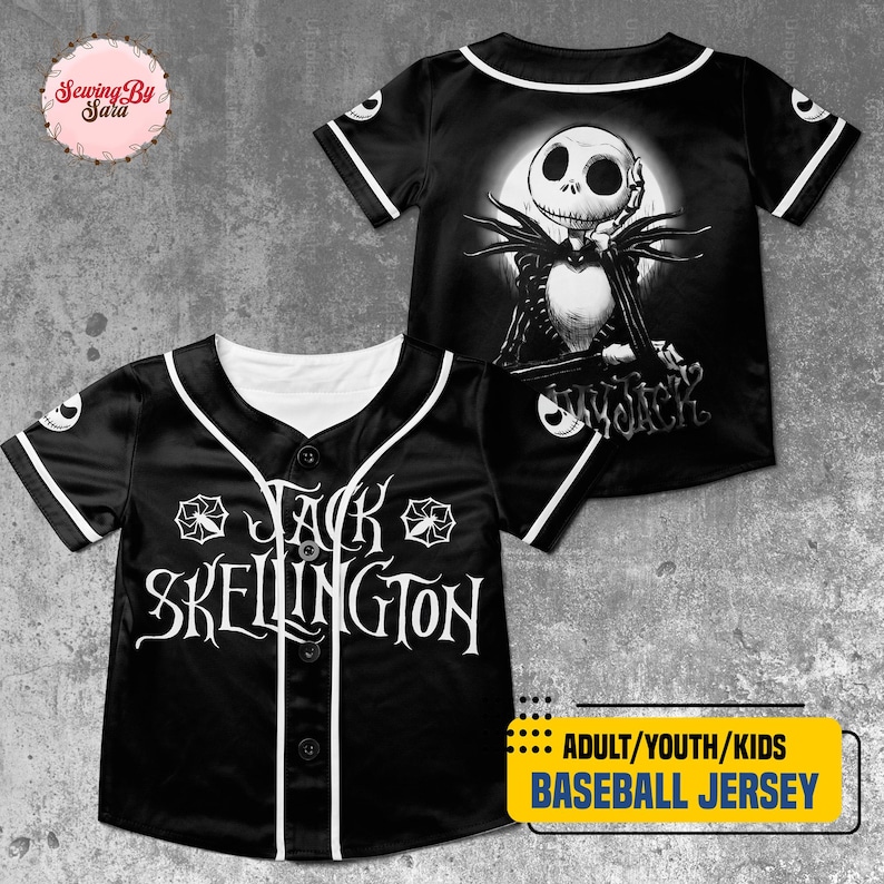 A black baseball jersey with a Jack Skellington design, featuring the iconic jack Skellington character from the movie " jack Skellington".