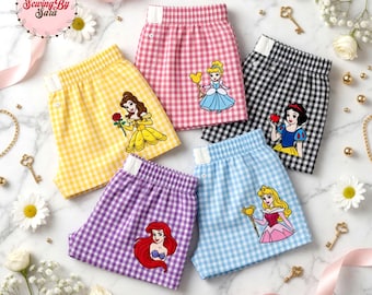 Embroidered Disney All Princess Gingham Shorts, Ariel Snow White Belle Friends Shorts, Disneyworld Girl Outfit, Disneyland WDW Summer Shorts