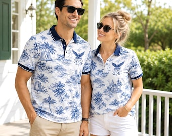America 250 Patriotic Polo Shirt, Matching Couple Polo, Vintage USA Hawaiian Style Shirt, 4th Of July Outfit Gift