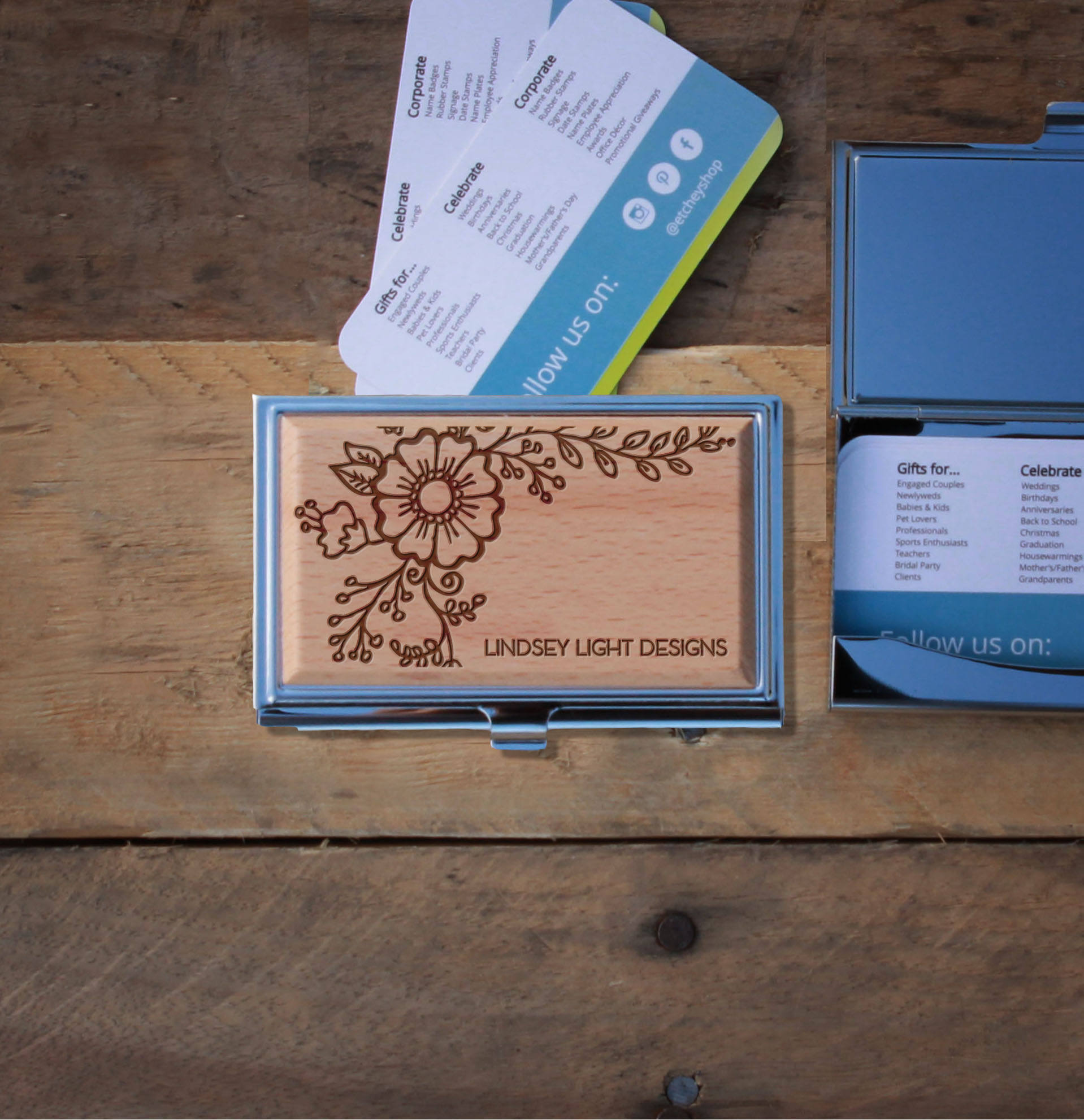 Engraved Business Card Holder - Business Card Holder Wood Engraved With Your Name / The edges of a glass holder will capture the light in unique ways to accent your screen printed or laser etched logo.