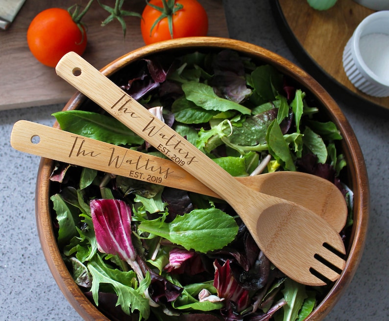 Custom Engraved Salad Utensils Personalized Kitchen Wood Utensils Custom Wooden Kitchen Utensils --UTN-SAL-WALTERS Wood Kitchen Utensils