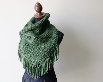 Knitted Knit Triangle Scarf, Triangle Cowl, Bandana Scarf with Fringe. Handmade in Green Marble, Chunky Yarn.