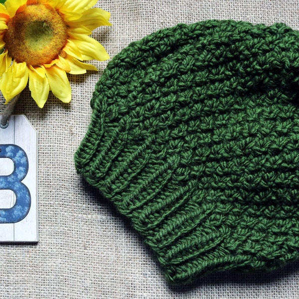 BeaCapes Design Bellevue Beanie. Knitted Knit Slouchy Beanie, Beret, Hat. Handmade in Forest Green Yarn.