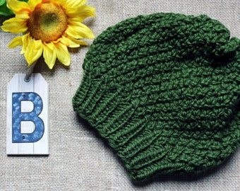 BeaCapes Design Bellevue Beanie. Knitted Knit Slouchy Beanie, Beret, Hat. Handmade in Forest Green Yarn.