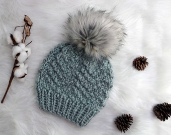 Knitted Knit Chevron Beanie Hat with Handmade Silver Faux Fur Pom Pom. Handmade in Frost (Sea Foam and Gray Mix), Chunky Yarn.