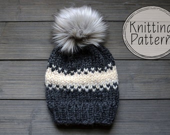 Fair Isle Strickmuster, einfache super voluminöse Mütze (PDF)