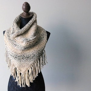Knitted Knit Triangle Scarf, Triangle Cowl, Bandana Scarf with Fringe. Handmade in Clair de Lune, Chunky Yarn.