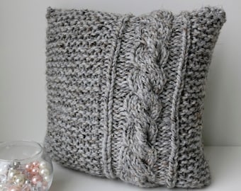 Cable Knit Decorative Throw Pillow in Textured Cable Pattern. Handmade in Gray Marble, Chunky, Wool Yarn. 14x14"