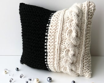 Cable Knit Decorative Throw Pillow in Textured Cable Pattern. Handmade in Black and White, Chunky, Wool Yarn. 14x14"