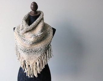 Knitted Knit Triangle Scarf, Triangle Cowl, Bandana Scarf with Fringe. Handmade in Clair de Lune, Chunky Yarn.