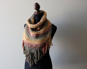 Knitted Knit Triangle Scarf, Triangle Cowl, Bandana Scarf with Fringe. Handmade in Fiesta, Chunky Yarn.