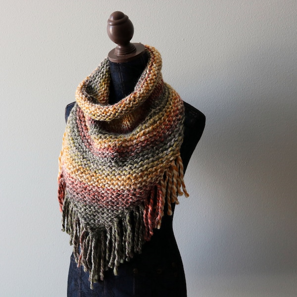 Knitted Knit Triangle Scarf, Triangle Cowl, Bandana Scarf with Fringe. Handmade in Fiesta, Chunky Yarn.