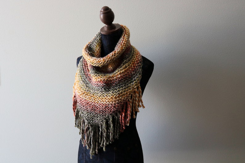 Knitted Knit Triangle Scarf, Triangle Cowl, Bandana Scarf with Fringe. Handmade in Fiesta, Chunky Yarn. image 2