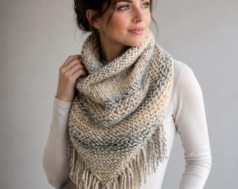 Knit Triangle Scarf with Fringe Detail | Handmade in Chunky Wool Blend Yarn.