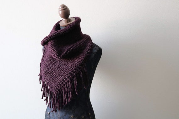 Knitted Cowl Infinity Scarf Handmade in Eggplant Chunky Wool Yarn.