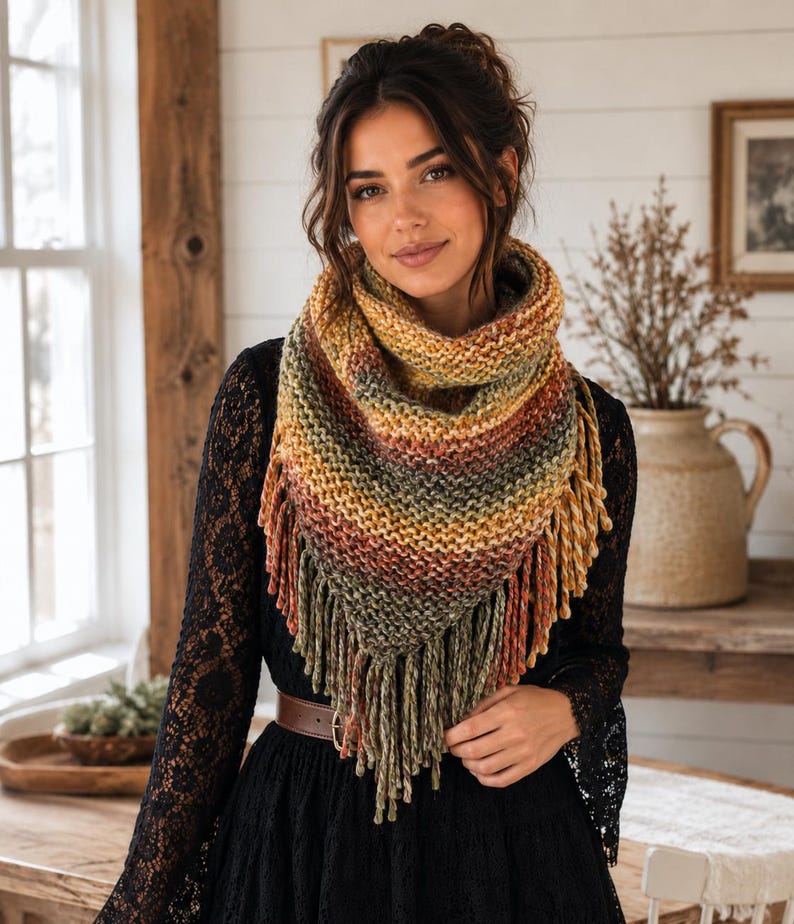 May include: A triangular knit scarf featuring a variegated color palette of mustard yellow, burnt orange, olive green, and cream. The scarf has a textured garter stitch pattern and is finished with long, thick yarn fringe along the bottom edge.