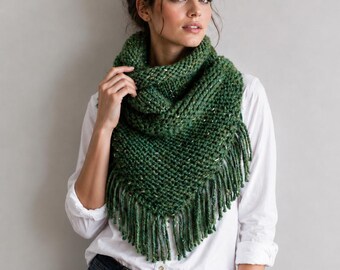 Knit Triangle Scarf with Fringe Detail | Handmade in Chunky Wool Blend Yarn.