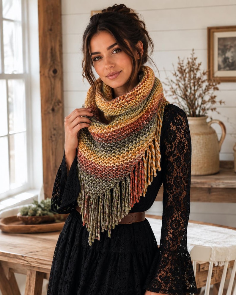 May include: A triangular knit scarf featuring a variegated color palette of mustard yellow, burnt orange, olive green, and cream. The scarf has a textured garter stitch pattern and is finished with long, thick fringe along the bottom edges.