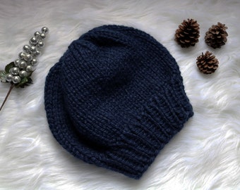 Knitted Knit Slouchy Beanie, Beret, Hat. Handmade in Chunky Navy Yarn.